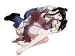  1boy 1girl ace_attorney barefoot belt black_hair blue_jacket blue_pants blunt_bangs bracelet closed_mouth feet hair_ornament half_updo happy hetero highres holding_hands interlocked_fingers jacket japanese_clothes jewelry kimono long_hair long_sleeves looking_at_another lying magatama magatama_necklace maya_fey necklace obi omen_hohoho on_side open_mouth pants parted_bangs phoenix_wright pink_sash ponytail purple_jacket robe sash shirt shoes short_hair short_kimono sidelocks smile soles spiked_hair toes white_kimono white_shirt 