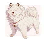 animal animal_focus bell collar curled_tail dog english_commentary fluffy giulialibard japanese_spitz jingle_bell no_humans original pomeranian_(dog) realistic samoyed_(dog) simple_background snout solo white_fur 