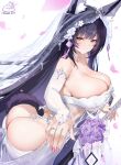  1girl absurdres alice_vu animal_ear_fluff animal_ears ass ass_cutout azur_lane bare_shoulders black_hair blush bouquet breasts bridal_gauntlets bridal_veil bride closed_mouth clothing_cutout commentary dress ears_through_headwear facial_mark fingernails flower fox_ears fox_girl fox_tail from_side highres jewelry large_breasts long_hair looking_at_viewer musashi_(azur_lane) musashi_(purest_wisteria)_(azur_lane) official_alternate_costume pink_nails purple_flower purple_rose ring rose see-through_clothes see-through_dress sideboob sideless_dress smile solo tail veil very_long_hair wedding_dress wedding_ring whisker_markings white_bridal_gauntlets white_dress yellow_eyes 
