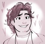  1boy beard_stubble blush bobby_(kpop_demon_hunters) bukobean english_commentary facial_hair heart highres kpop_demon_hunters looking_to_the_side male_focus monochrome smile stubble wavy_hair 