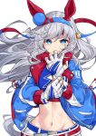  1girl amaxa animal_ears belt blue_eyes commentary english_commentary fake_animal_ears fingerless_gloves floating_hair gloves grey_hair grin hand_on_own_arm headband highres jacket linea_alba looking_at_viewer navel smile solo tamamo_cross_(umamusume) two-tone_gloves umamusume white_background 