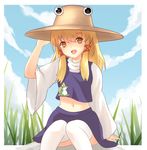  bad_id bad_pixiv_id blonde_hair blue_sky cloud day grass hand_on_headwear hat highres knees_together long_sleeves looking_at_viewer midriff moriya_suwako navel open_mouth outdoors shirt sitting sitting_on_rock skirt skirt_set sky smile solo thighhighs touhou vest white_legwear white_shirt x&amp;x&amp;x yellow_eyes 