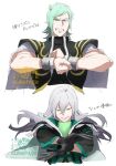  2boys artist_name bishounen black_gloves black_jacket black_shirt blue_eyes capelet clenched_hands collared_jacket cropped_torso cuffs floating_hair fresh_precure! fur-trimmed_jacket fur_trim furrowed_brow gloves green_eyes green_hair green_shirt grey_hair grin hair_between_eyes high_collar highres jacket long_hair looking_at_viewer male_focus multiple_boys muscular muscular_male own_hands_together parted_lips precure shackles shirt short_sleeves simple_background smile smirk souler_(fresh_precure!) sukehige teeth thick_eyebrows translation_request tsurime turtleneck turtleneck_shirt two-sided_fabric two-sided_jacket watermark wester_(fresh_precure!) white_background white_capelet 