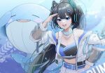  1girl akaiv_studio animal_ear_headphones animal_ears axent_wear bare_shoulders belt black_hair black_shirt blue_choker blue_eyes breasts buttbbol cat_ear_headphones choker cleavage crop_top fake_animal_ears headphones highres jacket jewelry large_breasts long_hair long_sleeves looking_at_viewer midriff necklace off_shoulder open_clothes open_jacket open_mouth ponytail salute see-through_clothes see-through_sleeves shirt sleeveless sleeveless_shirt smile solo two-tone_shirt upper_body very_long_hair virtual_youtuber whale white_jacket yeorumi_(vtuber) 