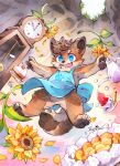  1boy animal_ears animal_feet animal_hands animalk apron blue_apron blue_eyes brown_fur brown_hair cake cake_slice claws clock commentary commission cup english_commentary falling fang flower food fox_boy fox_ears fox_tail furry furry_male grandfather_clock highres male_focus open_mouth original pawpads short_hair skin_fang solo sunflower tail teacup 