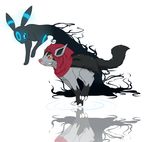  3_toes achromatic alternate_color ambiguous_gender black_fur blue_eyes canine duo eeveelution feral fur grey_fur grin hood hyena mammal mightyena nintendo pink_nose plain_background pok&eacute;mon red_eyes reflection running smile teeth umbreon video_games water white_background 