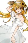  1girl :o adjusting_clothes adjusting_headwear arm_up bead_necklace beads breasts brown_hat cowboy_shot detached_sleeves double-parted_bangs dress flower hair_between_eyes hat hat_flower hat_ribbon highres jewelry long_dress long_hair looking_at_viewer necklace open_mouth orange_eyes original osr_00_osr ribbon simple_background small_breasts solo strap straw_hat sun_hat sunflower twintails white_background white_dress white_ribbon wind 