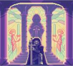  angel angel_wings armor cloak cloud commentary_request greaves grey_armor helmet holding holding_sword holding_weapon hood hooded_cloak knight on_one_knee original pillar pixel_art planted planted_sword purple_cloak shinku_castle solo_focus sword weapon wings 