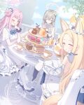  3girls ;d animal_ear_fluff animal_ears animal_on_head animal_on_shoulder bare_shoulders bird bird_on_head bird_on_shoulder black_pantyhose black_shoes blonde_hair blue_archive blue_bow blue_bowtie blush bow bowtie closed_eyes closed_mouth commentary cup day detached_sleeves dress flower food fox_ears fox_girl frilled_dress frills fruit grey_hair hair_flower hair_ornament halo high_heels highres koto_(colorcube) long-tailed_tit long_hair long_sleeves macaron mika_(blue_archive) multiple_girls nagisa_(blue_archive) on_head one_eye_closed open_mouth orange_(fruit) orange_eyes orange_halo outdoors pantyhose pink_hair pink_halo purple_scrunchie saucer scrunchie seia_(blue_archive) shoes sitting sleeveless sleeveless_dress smile tea_party_(blue_archive) teacup tit_(bird) watermark white_dress white_pantyhose white_shoes white_sleeves wrist_scrunchie yellow_eyes yellow_halo 