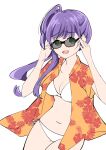  1girl :d absurdres alternate_costume bikini bikini_under_clothes breasts cleavage collarbone collared_shirt commentary corocoro567 cowboy_shot hair_bun hawaiian_shirt highres link!_like!_love_live! looking_at_viewer love_live! medium_breasts navel open_clothes open_mouth open_shirt orange_shirt otomune_kozue raised_inner_eyebrows shirt short_sleeves side-tie_bikini_bottom side_ponytail simple_background single_side_bun smile solo standing stomach sunglasses swimsuit virtual_youtuber white_background white_bikini 