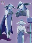 4_fingers anthro big_breasts big_butt black_nose blue_body blue_clothing blue_dress blue_fur breasts butt clothed clothing crossgender dress ears_down eeveelution eyelashes felid feline female fingers front_view fur generation_4_pokemon glaceon hi_res holding_object holding_staff hybrid ji_(nine_sols) mammal navel_outline nine_sols nintendo pivoted_ears pokemon pokemon_(species) porporpor purple_background rear_view red_candle_games simple_background solarian solo staff thick_eyelashes thick_thighs wide_hips