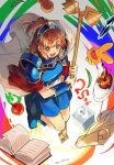  1girl anniversary apple armin_arlert armor artist_name black_eyes blue_armor blue_boots blue_skirt book boots bracer breastplate brown_eyes brown_hair cape carbuncle_(puyopuyo) crystal curry curry_rice food fruit full_body green_eyes hashtag-only_commentary headpiece highres holding holding_staff ice ice_cube kuroda_(kuro_yyy) medium_hair open_book open_mouth paper pauldrons plate ponytail puyo_(puyopuyo) puyopuyo red_cape rice shoulder_armor skirt smile staff teeth twitter_username upper_teeth_only waku_waku_puyo_dungeon white_cape 