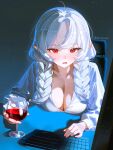  1girl absurdres alcohol blush braid breasts chair cleavage collarbone commission computer computer_keyboard cup drinking_glass emirisu english_commentary fangs forehead hair_over_shoulder highres holding holding_cup indie_virtual_youtuber large_breasts light_particles long_hair looking_at_screen low_twin_braids mole mole_on_breast mole_on_collarbone mole_under_mouth monitor on_chair ophelia_valentine pink_nails pointy_ears red_eyes red_wine screen_light second-party_source shirt sitting solo twin_braids twitter_username vampire vgen_commission white_hair white_shirt wine wine_glass 