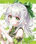  1girl bare_shoulders blush bow bracelet cape commentary_request detached_sleeves genshin_impact gold_trim gradient_hair green_bow green_cape green_eyes green_hair green_sleeves hair_between_eyes hair_bow hair_ornament hands_up highres jewelry leaf_hair_ornament long_hair looking_at_viewer moco_(moco_8854) multicolored_hair nahida_(genshin_impact) notice_lines pointy_ears side_ponytail sleeveless solo star-shaped_pupils star_(symbol) symbol-shaped_pupils white_hair 