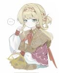  ... 1girl blonde_hair blue_eyes braid braided_bangs brown_dress cloak closed_mouth dress hair_ribbon hand_up highres kiperina long_hair long_sleeves looking_at_viewer low_ponytail naty neckerchief ponytail puffy_long_sleeves puffy_sleeves red_cloak red_neckerchief red_ribbon reverse:1999 ribbon solo speech_bubble spoken_ellipsis upper_body white_background white_sleeves 