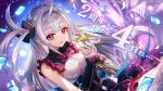  1girl ahoge bare_shoulders black_gloves blurry blurry_background bow bowtie breasts card duel_masters duel_masters_play&#039;s elbow_gloves frilled_skirt frills gloves gradient_background grey_hair highres hokuyuu holding holding_card long_hair looking_at_viewer luca_(duel_masters) official_art one_side_up open_mouth petals red_bow red_bowtie red_eyes shirt skirt sleeveless sleeveless_shirt solo trading_card translation_request upper_body white_shirt 
