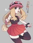  1girl black_thighhighs blonde_hair blue_eyes bracelet breasts eyewear_on_headwear grey_background hat highres jewelry long_hair looking_at_viewer open_mouth pink_hat pokemon pokemon_xy red_hat red_skirt serena_(pokemon) shirt simple_background skirt sleeveless sleeveless_shirt smile solo star_(symbol) sunglasses thighhighs tongue touyarokii white-framed_eyewear 