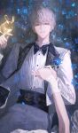  1boy absurdres aqua_eyes banfan_dashi_xiaren black_bow black_bowtie black_collar blue_flower bow bowtie collar collared_jacket cowboy_shot dress_shirt eyes_visible_through_hair female_pov flower forget-me-not_(flower) grey_hair grey_jacket grey_pants hair_over_eyes highres jacket looking_at_viewer love_and_deepspace male_focus on_grass pants parted_lips pov shirt short_hair suit_jacket teeth watermark weibo_watermark xavier_(love_and_deepspace) 