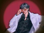  1boy adjusting_eyewear black_eyes black_hair black_shirt blood blood_from_eyes blood_on_eyewear blood_on_face coat collared_shirt grin hair_between_eyes hand_in_pocket kim_dokja looking_at_viewer macaronijail nosebleed omniscient_reader&#039;s_viewpoint orange-tinted_eyewear popped_collar red_background shirt short_hair smile solo spotlight tinted_eyewear upper_body white_coat 