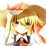  ascot blonde_hair bow fang_out flower hair_ribbon hand_on_headwear hat hat_bow hat_flower highres indo_(mdtanaka2007) orange_eyes ribbon rumia short_hair short_sleeves smile sun_hat touhou vest 