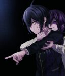  2boys ahoge bishounen black_background black_hair black_jacket buttons collared_jacket commentary_request danganronpa_(series) danganronpa_v3:_killing_harmony evil_grin evil_smile flipped_hair glowing glowing_eyes grin hair_between_eyes hand_on_another&#039;s_neck highres holding jacket ko_puki_yukko long_sleeves male_focus multiple_boys oma_kokichi pointing purple_eyes purple_hair saihara_shuichi short_hair simple_background smile sweatdrop upper_body yellow_eyes 