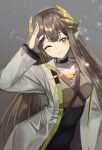  1girl arknights arm_strap black_sleeves bow bowtie breasts floating_hair flower green_bow green_bowtie green_ribbon grey_sleeves lens_flare long_hair looking_at_viewer medium_breasts muelsyse_(arknights) necktie pink_sleeves print_necktie ribbon rose short_necktie solo very_long_hair vesper_(pixiv3568) white_flower white_rose wing_collar 