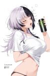  1girl black_hair black_nails breasts can closed_eyes commentary english_commentary grey_hair hand_under_clothes hand_under_shirt hand_up highres holding holding_can hololive hololive_english large_breasts long_hair messy_hair monster_energy multicolored_hair nail_polish navel no_pants oioi_ainomo open_mouth paid_reward_available panties shiori_novella shirt short_sleeves simple_background solo split-color_hair t-shirt underwear virtual_youtuber white_background white_shirt 