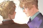  2boys absurdres ahoge america_(hetalia) artist_name axis_powers_hetalia blonde_hair blue-framed_eyewear blue_eyes brown_jacket chinese_commentary closed_mouth collared_shirt commentary_request formal_clothes glasses highres jacket looking_at_another male_focus multiple_boys necktie purple_jacket purple_necktie semi-rimless_eyewear shirt short_hair simple_background smile suit suit_jacket united_kingdom_(hetalia) white_background white_shirt zhongerweiyuan 