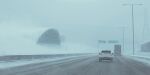  absurdres box_truck building car day from_behind highres highway lamppost motor_vehicle no_humans outdoors road road_sign sign simon_stalenhag snow sports_utility_vehicle swedish_machines traffic transmission_tower truck winter 
