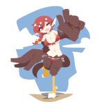  1girl animal_ears bare_shoulders big_o_pants bikini bird_ears bird_legs bird_tail blush_stickers brown_feathers brown_wings commentary feather_fingers feathered_wings feathers fio-chan_(big_o_pants) harpy long_hair monster_girl navel no_lineart one_eye_closed open_mouth original outdoors red_bikini red_eyes red_hair side-tie_bikini_bottom solo standing standing_on_one_leg swimsuit tail talons winged_arms wings 