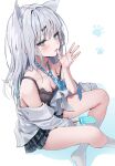  1girl animal_ear_fluff animal_ears black_bra blue_eyes blue_hair blue_necktie blue_skirt bra breasts cat_ears cat_girl cleavage food gradient_hair grey_hair hair_ornament hairclip highres holding holding_food holding_popsicle huwari_(dnwls3010) lace-trimmed_bra lace_trim light_blush long_hair medium_breasts multicolored_hair necktie open_clothes open_shirt original plaid_clothes plaid_skirt popsicle shirt skirt socks underwear white_shirt white_socks 