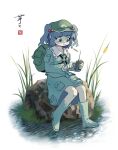  1girl ay606078 backpack bag blue_boots blue_eyes blue_hair blue_skirt boots breasts cattail chinese_commentary collared_shirt commentary_request controller flat_cap frilled_shirt_collar frills green_bag green_hat hair_bobbles hair_ornament hat highres holding holding_remote_control kawashiro_nitori key long_sleeves plant remote_control rock rubber_boots shirt signature sitting skirt solo touhou two_side_up water 