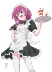  1girl :d alcohol_carton alternate_costume apron black_bow black_bowtie blunt_bangs blush bocchi_the_rock! bow bowtie braid commentary enmaided food frilled_apron frills hair_bow hand_on_own_hip highres hiroi_kikuri holding holding_tray kanata_mako long_hair looking_at_viewer maid maid_apron maid_headdress open_mouth parfait pink_eyes pink_hair puffy_short_sleeves puffy_sleeves sharp_teeth short_sleeves signature simple_background single_braid smile solo teeth thighhighs tray upper_teeth_only white_apron white_background white_thighhighs wrist_cuffs 