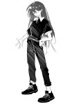  1girl absurdres bang_dream! bang_dream!_it&#039;s_mygo!!!!! greyscale hair_between_eyes hand_on_own_hip hibioes highres long_hair long_hand mole mole_under_eye monochrome one_eye_closed pants shiina_taki shirt shoes short_sleeves solo 