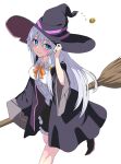  1girl black_hat black_robe black_skirt blue_eyes blue_pupils blush bow bowtie breasts broom center_frills closed_mouth collared_shirt commentary_request elaina_(majo_no_tabitabi) foot_out_of_frame frilled_shirt frilled_skirt frills grey_hair hair_between_eyes hand_on_headwear hand_up hat hat_ribbon highres long_hair long_sleeves looking_at_viewer majo_no_tabitabi medium_breasts miniskirt open_clothes open_robe orange_bow orange_bowtie pleated_skirt poteto_furai purple_ribbon ribbon robe shirt simple_background skirt smile solo split_mouth standing standing_on_one_leg straight_hair very_long_hair white_background white_shirt wide_sleeves witch witch_hat 
