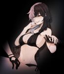  3girls absurdres bikini black_bikini black_gloves black_hair breasts gloves grey_hair highres hololive hololive_english large_breasts long_hair looking_at_viewer lucesamaaa multicolored_hair multiple_girls navel nerissa_ravencroft shiori_novella solo_focus split-color_hair swimsuit two-tone_hair virtual_youtuber yellow_eyes 