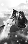  1010923 2boys ahoge bishounen black_hair black_hanfu boat bud chinese_clothes closed_eyes closed_mouth cloud couple eye_contact face-to-face flower greyscale hair_ribbon hands_on_own_face hanfu headband high_ponytail highres holding holding_oar imminent_kiss lan_wangji leaf long_hair long_sleeves looking_at_another lotus lotus_leaf male_focus modao_zushi monochrome multiple_boys oar on_boat open_mouth outdoors ponytail profile red_ribbon ribbon robe sidelocks sitting sky smile spot_color sun topknot twitter_username water watercraft watermark wei_wuxian white_hanfu white_headband wide_sleeves xiao_guan_(headdress) yaoi 