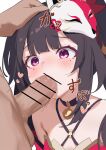 1boy 1girl bar_censor bare_shoulders bell blunt_bangs brown_hair censored commentary_request criss-cross_halter fellatio fox_mask halterneck hand_on_another&#039;s_head heart hetero highres honkai:_star_rail honkai_(series) light_blush mask mask_on_head neck_bell oral pink_eyes sidelocks sparkle_(honkai:_star_rail) tearing_up yomiji292 
