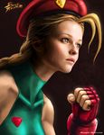  beret blonde_hair blue_eyes braid cammy_white clenched_hand collarbone fingerless_gloves forehead gloves green_leotard hat highres leotard lips long_hair nose realistic robert_bartling scar skin_tight solo street_fighter turtleneck twin_braids 