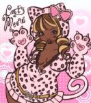  animal_hands animal_hood animal_print belt blonde_hair blush bow breasts cat_girl cat_hood cat_tail claws dark-skinned_female dark_skin eyelashes gyaru highres hood hood_bow large_breasts leopard_print leopard_print_clothes lilitafaery lips long_hair original pawpads plump tail very_dark_skin 