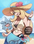  1girl beach bikini bikini_under_clothes black_bikini blonde_hair blue_sarong blue_sky breasts brown_hat cleavage crop_top cynthia_(pokemon) cynthia_(summer_2025)_(pokemon) flower flower_hat gible grey_eyes hair_over_one_eye hat hat_flower hawaiian_shirt highres large_breasts long_hair navel official_alternate_costume open_mouth outdoors pokemon pokemon_(creature) pokemon_masters_ex sarong shiny_skin shirt sky smile straw_hat sun_hat swimsuit tied_shirt touyarokii very_long_hair water 