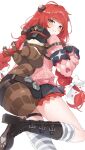 1girl animal_on_back black_boots black_skirt block_heels blush boots bow braid cardigan foot_out_of_frame from_side green_eyes hair_bow highres kim_leeyoon long_hair looking_at_viewer looking_back pink_cardigan raccoon red_hair simple_background single_sock single_thighhigh skirt socks striped_clothes striped_socks striped_thighhighs thigh_strap thighhighs twin_braids ukinami_yuzuha white_background white_bow zenless_zone_zero 