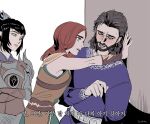  1boy 2girls armor assertive_female baldur&#039;s_gate baldur&#039;s_gate_3 beard black_hair blue_eyes blush brown_hair byuub dungeons_&amp;_dragons facial_hair gale_(baldur&#039;s_gate) hetero korean_text long_hair looking_at_another meme multiple_girls pinned purple_shirt red_hair shadowheart_(baldur&#039;s_gate) shirt tav_(baldur&#039;s_gate) translation_request 