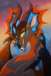 ambiguous_gender art_fight artfight attack bust_portrait dragon fangs fantasy feral hi_res mythological_creature mythological_scalie mythology open_mouth portrait rainwing_(wof) scalie smile smiley_face smirk solo sunny_way sunset teeth tropical_dragon wings_of_fire wings_tied yellow_eyes