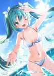  1girl 2024 ;d alternate_costume ass_visible_through_thighs bare_arms bare_shoulders bikini blue_sky blurry blush bow bow_bikini breasts breasts_apart chisamikan collarbone commentary_request cowboy_shot dated depth_of_field dutch_angle floating_hair front-tie_bikini_top front-tie_top glint green_eyes green_hair hair_bow hand_up happy hatsune_miku highres long_hair looking_at_viewer medium_breasts navel ocean one_eye_closed open_mouth outstretched_hand sidelighting signature sky smile solo splashing stomach sunlight swimsuit teeth twintails upper_teeth_only very_long_hair vocaloid water water_drop white_bikini white_bow 