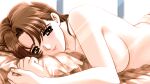  1990s_(style) 1girl after_sex arima_ayumi bed blush breasts brown_eyes brown_hair game_cg kono_yo_no_hate_de_koi_wo_utau_shoujo_yu-no light_smile lying nagaoka_yasuchika nipples non-web_source on_bed pc-98_(style) retro_artstyle solo solo_focus wavy_hair 