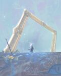  1girl artist_name bell clair_obscur:_expedition_33 highres kiasherria light_particles maelle_(clair_obscur:_expedition_33) picture_frame planted planted_sword signature solo spoilers standing sword water weapon wide_shot 