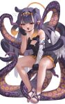  1girl absurdres bare_shoulders black_eyes black_gloves blunt_bangs blush ch1ckpyo cleavage_cutout clothing_cutout elbow_gloves feet gloves half-closed_eyes heart highres hololive hololive_english long_hair looking_at_viewer ninomae_ina&#039;nis ninomae_ina&#039;nis_(1st_costume) open_mouth sandals single_elbow_glove smug solo tentacles thighs toes virtual_youtuber 
