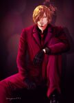  1boy black_gloves blonde_hair cigarette commentary_request curly_eyebrows facial_hair gloves goatee hair_over_one_eye highres male_focus mustache necktie one_piece oregano551 sanji_(one_piece) short_hair sitting smoke solo suit twitter_username 