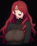  1girl absurdres black_background breasts commentary dark_persona edmonmondo english_commentary hair_over_one_eye highres kirijou_mitsuru large_breasts long_hair open_mouth persona persona_4:_the_ultimate_in_mayonaka_arena pink_lips red_hair shadow_mitsuru simple_background smile solo upper_body wavy_hair yellow_eyes 